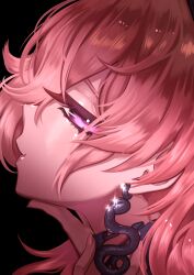  1girl absurdres black_background black_choker chadraws_art choker commentary earrings english_commentary frilled_choker frills from_side glint hand_on_own_chin highres jewelry long_hair looking_at_viewer phase_connect pink_eyes pink_hair portrait profile runie_ruse simple_background snake_earrings solo virtual_youtuber 