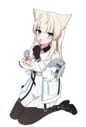  1girl absurdres arknights arknights:_endfield bare_shoulders black_gloves black_shoes blue_eyes blush breasts brown_hair brown_pantyhose cake cake_slice closed_mouth commentary_request dress food fork fruit full_body gloves high_heels highres holding holding_fork holding_plate jacket long_hair long_sleeves natsuginji off_shoulder open_clothes open_jacket pantyhose perlica_(arknights) plate puffy_long_sleeves puffy_sleeves shoes simple_background sitting sleeveless sleeveless_dress small_breasts solo strawberry wariza white_background white_dress white_jacket 