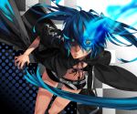  black_hair black_rock_shooter black_rock_shooter_(character) blue_eyes blue_hair coat flat_chest glowing glowing_eyes long_hair midriff navel onozawa scar shorts solo twintails uneven_twintails very_long_hair 