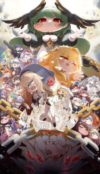  1boy 6+girls absurdres ahoge amelia_(trickcal) angel_wings animal_ears ashur_(trickcal) aya_(trickcal) belita_(trickcal) beni_(trickcal) black_dress black_veil black_wings blanchet_(trickcal) blonde_hair blue_eyes blue_hair blue_hat blush_stickers broken broken_chain brown_hair chain chibi chibi_only chloe_(trickcal) closed_eyes commentary_request croakie_(trickcal) dark-skinned_female dark_skin daya_(trickcal) detached_wings dragon_girl dragon_horns dragon_wings dress ed_(trickcal) elemental_(creature) elena_(trickcal) elf epica_(trickcal) erpin_(trickcal) everyone eyes_on_wings feathered_wings fewer_digits fire_elemental fox_ears fox_girl fricle_(trickcal) gabia_(trickcal) gold_tiara goldy_(trickcal) green_hair grey_eyes grey_hair gun haley_(trickcal) hat head_wings highres holding holding_gun holding_weapon horns ifrit_(trickcal) joanne_(trickcal) leader_(trickcal) long_hair long_sleeves marie_(trickcal) mayo_(trickcal) meme multicolored_hair multiple_girls naia_(trickcal) ner_(trickcal) one_eye_closed open_mouth orange_hair pointy_ears purple_hair red_eyes red_hair renewa_(trickcal) rohne_(trickcal) rufo_(trickcal) sebastian_(trickcal) single_horn sist_(trickcal) speaki_(trickcal) speakiposting_(meme) streaked_hair sylla_(trickcal) tears tig_(trickcal) tiger_ears tiger_girl too_many_eyes trickcal ui_(trickcal) unicorn_girl unicorn_horn upside-down veil vivi_(trickcal) weapon white_hair white_wings wings xion_(trickcal) youngchun_(trickcal) yuwano_(yuwanoonsen) 