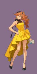  1girl ace_attorney athena_cykes bow dress formal_clothes fuse_takuro halter_dress halterneck high_heels highres long_hair nuri_kazuya official_art orange_hair phoenix_wright:_ace_attorney_-_dual_destinies second-party_source side_ponytail smile solo yellow_bow yellow_dress 
