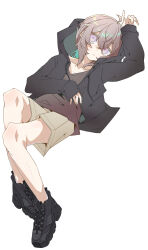  1girl ahoge alternate_costume black_jacket black_shoes blue_hair brown_shirt brown_shorts cheyanne_(girls'_frontline_2) colored_inner_hair commentary_request crossed_bangs double-parted_bangs drawstring e_sky_rugo flat_chest full_body girls'_frontline_2:_exilium girls_frontline grey_hair hair_between_eyes highres hood hooded_jacket jacket long_hair long_sleeves looking_at_viewer low_ponytail lying m200_(girls'_frontline) multicolored_hair on_back open_clothes open_jacket parted_lips pink_eyes ponytail shirt shoes shorts sidelocks simple_background solo v-neck white_background 