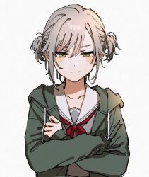  1girl alternate_hairstyle blush collarbone commentary crossed_arms green_eyes green_hoodie green_jacket grey_hair grey_shirt hair_between_eyes highres hinomori_shiho hood hood_down hoodie iwawa jacket looking_down miyamasuzaka_girls'_academy_school_uniform neckerchief open_clothes open_jacket pout project_sekai red_neckerchief sailor_collar school_uniform shirt short_hair short_twintails sleeves_past_wrists solo striped_clothes twintails white_background white_sailor_collar 
