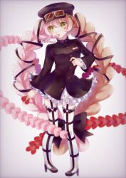  1girl 7753 blonde_hair braid commentary_request frilled_skirt frilled_sleeves frills goggles goggles_on_head green_eyes grey_background hair_ornament hat heart heart_hair_ornament heart_print highres long_hair magical_girl mahou_shoujo_ikusei_keikaku mahou_shoujo_ikusei_keikaku_limited pink_hair shiromiso23 skirt thigh-highs twin_braids very_long_hair white_thighhighs 