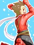  blush boots brown_eyes brown_hair gloves jump lloyd_irving male oekaki short_hair smile solo stars tales_of_symphonia 