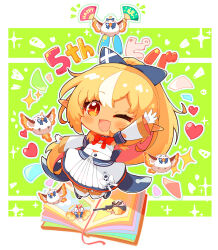  1girl :d ;d back_bow blonde_hair blue_shoes book bow bowtie chibi chibi_only commentary_request dark-skinned_female dark_skin detached_sleeves elf elfriend_(shiranui_flare) fang gloves green_background half_gloves half_updo high_ponytail highres hololive jumping large_bow long_hair miniskirt multicolored_hair nokiri on_book on_open_book one_eye_closed open_book orange_eyes pleated_skirt pointy_ears ponytail red_bow red_bowtie shiranui_flare shiranui_flare_(1st_costume) shirt shoes sidelocks skin_fang skirt skirt_set smile solo streaked_hair thigh-highs virtual_youtuber white_gloves white_shirt white_skirt white_sleeves white_streaks white_thighhighs wide_sleeves 