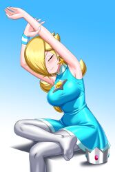  absurdres aqua_dress bare_arms blonde_hair blue_gem blush bracelet breasts brooch closed_eyes crossed_legs crown dress earrings feet gem gradient_background grey_pantyhose hair_over_one_eye highres irohazakayouth jewelry large_breasts long_hair no_shoes pantyhose red_gem rosalina rosalina_(sports) short_dress silver_crown sitting sleeveless sleeveless_dress smile star_(symbol) star_brooch star_earrings stretching super_mario_bros. unworn_crown 