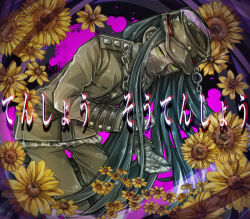  1boy androgynous aqua_hair bandaged_hand bandages black_mask blood colored_blood covered_mouth danganronpa_(series) danganronpa_v3:_killing_harmony english_commentary flower gakuran green_eyes long_hair mask mouth_mask pink_blood riyuta school_uniform shinguji_korekiyo solo spiral_background sunflower ten_shou_shou_ten_shou_(vocaloid) 