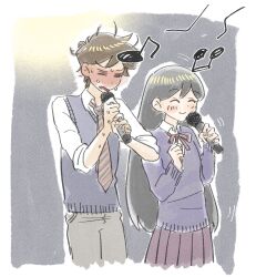  1boy 1girl alternate_costume antenna_hair black_hair black_sweater_vest blush brown_hair closed_eyes closed_mouth collared_shirt commentary_request dark-skinned_male dark_skin diagonal-striped_clothes diagonal-striped_necktie double-parted_bangs drillramen grey_pants hair_behind_ear hair_between_eyes hero_(faraway)_(omori) hero_(omori) highres long_hair long_sleeves mari_(faraway)_(omori) mari_(omori) musical_note necktie omori open_mouth pants pleated_skirt purple_sweater red_skirt shirt shirt_under_sweater short_hair short_sleeves singing skirt striped_clothes striped_necktie sweat sweater sweater_vest white_shirt 