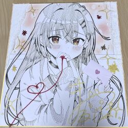  1girl :o blush bow brown_eyes choker collared_shirt commentary_request envelope hair_between_eyes hair_ornament hairclip hands_up heart holding long_hair love_letter maruma_(maruma_gic) original parted_lips photo_(medium) school_uniform shikishi shirt solo sparkle string string_of_fate sweater traditional_media upper_body very_long_hair 