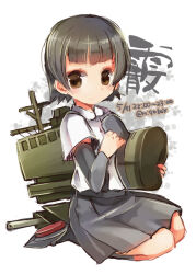 1girl arare_(kancolle) arm_warmers black_hair blunt_bangs blush brown_eyes character_name closed_mouth collared_shirt commentary_request dated grey_skirt hat holding holding_unworn_clothes holding_unworn_hat japan_air_self-defense_force japan_ground_self-defense_force japan_maritime_self-defense_force japan_self-defense_force japanese_crested_ibis_(kemono_friends) japanese_text kantai_collection kneehighs looking_at_viewer monkey_ears monkey_girl n:go rigging shirt short_hair simple_background sitting skirt smoke socks solo suspender_skirt suspenders twitter_username unworn_hat unworn_headwear white_background white_shirt