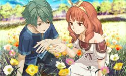 1boy 1girl aged_down alm_(fire_emblem) bare_shoulders blue_shirt celica_(fire_emblem) child field fire_emblem fire_emblem_echoes:_shadows_of_valentia flower flower_field game_asset green_eyes green_hair hidari_(left_side) looking_at_another official_art open_mouth red_eyes red_hair shirt short_sleeves 