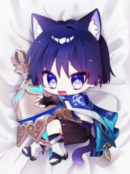  1boy animal_ear_fluff animal_ears animal_print armor bad_id bad_twitter_id bell belt bird_print black_belt black_bridal_gauntlets black_sandals black_shorts blue_cape blue_rope blue_sash blue_sleeves blunt_ends bridal_gauntlets cape cat_boy cat_ears cat_tail chibi chibi_only choppy_bangs clothing_cutout eyeliner full_body furisode genshin_impact gold_bell gold_ring grey_pupils hair_intakes hakama hakama_shorts highres hip_vent holding holding_bell japanese_armor japanese_clothes kimono kote kurokote layered_sleeves leg_warmers looking_at_viewer lying makeup male_focus middle_ring on_side open_mouth pleated_shorts purple_hair purple_rope purple_tail rdrdr_521 red_eyeliner rope sandals sash scaramouche_(genshin_impact) short_sleeves shorts side_cape solo tail tulaytullah's_remembrance_(genshin_impact) violet_eyes wanderer_(genshin_impact) white_leg_warmers white_sleeves zouri 