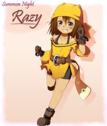  1girl alternate_skin_color bandana belt bike_shorts black_shorts boots brown_belt brown_boots brown_gloves brown_hair character_name clenched_hands clip_studio_paint_(medium) collarbone commentary copyright_name doria_(p_f_dolia) dress full_body gloves grey_eyes grin highres leg_up lightened_skin off_shoulder pink_background razzy short_hair shorts smile solo standing standing_on_one_leg summon_night yellow_bandana yellow_dress 