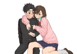  1boy 1girl arm_around_neck ayase_momo black_jacket black_pants blue_skirt blush bow bowtie brown_eyes brown_hair brown_shoes commentary_request crossed_bangs dandadan earrings eyelashes feet_out_of_frame gakuran glasses grin gyaru hair_behind_ear hair_between_eyes hetero highres invisible_chair j8s9x60873 jacket jewelry kami_high_school_uniform long_sleeves looking_at_another loose_socks medium_hair miniskirt nervous_sweating pants parted_lips pink_sweater pleated_skirt red_bow red_bowtie round_eyewear school_uniform shirt shoes short_hair sitting skirt smile socks sweat sweater takakura_ken_(dandadan) white_background white_shirt white_socks wing_collar 