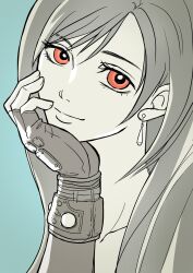  1girl black_gloves black_hair blue_background bracelet closed_mouth collarbone commentary_request earrings elbow_rest eyelashes final_fantasy final_fantasy_vii final_fantasy_vii_remake fingerless_gloves gloves head_rest highres jewelry lips long_hair looking_at_viewer mapcvt materia red_eyes solo teardrop_earrings tifa_lockhart upper_body 