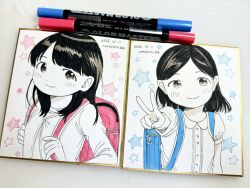  2girls art_tools_in_frame artist_name backpack bag black_hair blue_theme blunt_bangs blush calligraphy_brush_(medium) closed_mouth dated dot_nose dutch_angle forehead highres looking_at_viewer marker_(medium) multiple_girls multiple_views nagomurasan original outstretched_arm partially_colored photo_(medium) puffy_short_sleeves puffy_sleeves randoseru red_theme school_bag shikishi short_hair short_sleeves signature simple_background smile swept_bangs traditional_media v watercolor_pencil_(medium) white_background 