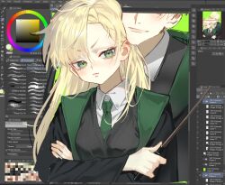  1boy 1girl art_program_in_frame black_sweater blonde_hair character_and_genderswap clip_studio_paint_(medium) commentary crossed_arms diagonal-striped_clothes diagonal-striped_necktie draco_malfoy eyes_out_of_frame genderswap genderswap_(mtf) green_eyes green_necktie harry_potter_(series) head_out_of_frame highres hogwarts_school_uniform holding holding_wand long_hair malfoid necktie pout robe school_uniform shirt short_hair striped_clothes striped_necktie sweater unfinished wand wizarding_world ziya_(ziya_illust) 