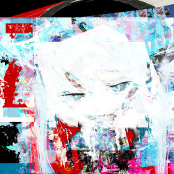  1girl abstract abstract_background absurdres closed_mouth cropped_head double_exposure half-closed_eyes hatsune_miku highres hilty jitome looking_at_viewer solo vocaloid 