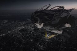  1girl black_hair black_jacket black_pants city_lights cityscape commentary dusk english_commentary falling grey_eyes highres horizon jacket landscape long_hair necktie no_mouth original outdoors pants sitaoke232108 skydive solo yellow_necktie 