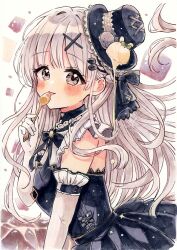  1girl black_dress black_hat blush brown_eyes brown_hair commentary_request dress elbow_gloves floating_hair gloves hair_ornament hairclip hand_up hat highres holding holding_spoon long_hair mini_hat original sakura_oriko sleeveless sleeveless_dress solo spoon tilted_headwear tongue tongue_out very_long_hair white_background white_gloves x_hair_ornament 
