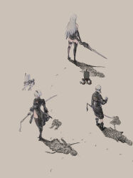  1boy 2b_(nier:automata) 2girls 9s_(nier:automata) a2_(nier:automata) absurdres android bare_shoulders black_armlet black_dress black_gloves black_hairband black_thighhighs blindfold boots breasts cleavage_cutout clothing_cutout commentary_request covered_eyes dress drone elbow_gloves eshi_(eshi_lv3) facing_away feather-trimmed_sleeves feather_trim from_above full_body gloves hairband highleg highleg_leotard highres holding holding_sword holding_weapon joints juliet_sleeves leotard long_hair long_sleeves medium_breasts multiple_girls nier:automata nier_(series) pod_(nier:automata) puffy_sleeves robot robot_joints shadow short_hair shorts skin_seams standing sword thigh-highs thong thong_leotard type-4o_sword virtuous_contract virtuous_treaty weapon white_hair white_leotard 
