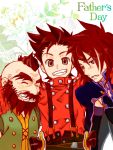 beard blush brown_eyes brown_hair buttons fang father_and_son kratos_aurion lloyd_irving oekaki redhead short_hair smile sweatdrop tales_of_symphonia 