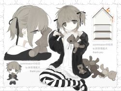  1girl black_cardigan black_ribbon black_shoes border brown_eyes brown_hair burning button_eyes buttons cardigan commission doll_house dress e_meou4n fire highres looking_at_viewer messy_hair multiple_hair_ribbons multiple_views open_cardigan open_clothes original ornate_border ribbon seiza shoes short_twintails sidelocks sitting solo striped_clothes striped_thighhighs stuffed_animal stuffed_toy tearing_stuffed_toy teddy_bear thigh-highs twintails white_background white_dress 