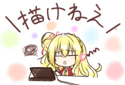  1girl =_= amairo_islenauts between_breasts blonde_hair blush braid breasts chibi chibi_only closed_eyes clothes_between_breasts commentary_request crown_braid diad_snow fen_cichlid_girls_academy_school_uniform furrowed_brow hair_between_eyes hair_ribbon hand_up headphones highres holding holding_stylus jacket large_breasts long_hair long_sleeves musical_note necktie necktie_between_breasts one_side_up open_clothes open_jacket open_mouth pink_ribbon rectangular_mouth red_jacket ribbon school_uniform shirley_warwick shirt sidelocks simple_background solo squiggle stylus translation_request upper_body white_background white_shirt yellow_necktie 