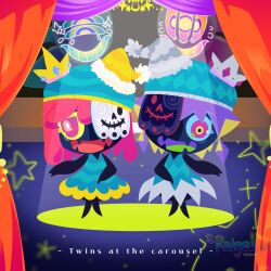  2others aqua_dress aqua_hat artist_logo artist_name beret blue_sclera chibi chibi_only colored_mouth colored_sclera crown curtains dancing dress extra_eyes fangs futatsu_no_mokuba_(vocaloid) gold_crown grey_hat hat highres kikuo logo mask mask_on_head mask_over_one_eye monster multiple_hats multiple_others nightcap one_eye_covered pink_eyes purple_hair raigel red_hair sharp_teeth skin_fangs song_name spotlight stage stage_curtains star_(symbol) teeth twitter_username watermark yellow_hat yellow_sclera 