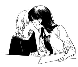  2girls bang_dream! bang_dream!_it's_mygo!!!!! blush commentary_request greyscale h_ournotes highres holding holding_tablet_pc kaname_raana kiss korean_commentary long_hair medium_hair monochrome multiple_girls shiina_taki shirt sweatdrop tablet_pc wolf_cut yuri 