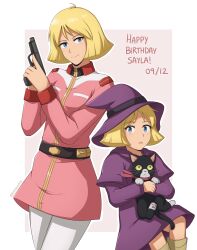  1girl :o age_comparison animal artesia_som_deikun belt black_belt blonde_hair blue_eyes boots brown_boots capelet cat child collared_jacket dress english_text gun gundam handgun happy_birthday hat highres holding holding_animal holding_cat holding_gun holding_weapon jacket medium_hair military_uniform mobile_suit_gundam open_mouth pants pink_jacket purple_capelet purple_dress purple_hat sayla_mass smile user_cknz5747 weapon white_pants witch witch_hat 