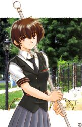  1990s_(style) 1girl bad_id black_necktie black_vest breasts closed_mouth collared_shirt cowboy_shot grey_skirt hana_(hana_mo_arashi_mo) holding holding_staff kagura_izumi looking_at_viewer medium_breasts necktie photo_background pleated_skirt retro_artstyle shirt short_hair short_sleeves skirt smile solo staff tree vest violet_eyes white_shirt yoru_ga_kuru! 