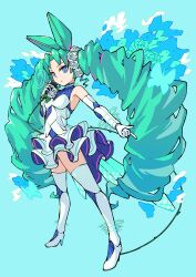  1girl absurdres antenna_hair blue_dress boots breasts clothing_cutout commentary_request dress drill_hair duel_masters duel_masters_play's elbow_gloves emperor_kiriko_(duel_masters) energy_ring flower gloves green_hair hair_flower hair_ornament highres kattar56 kiriko_(duel_masters) long_hair multicolored_dress open_mouth rose solo stomach_cutout thigh_boots twin_drills very_long_hair white_boots white_dress white_flower white_gloves white_rose 