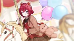  1girl ange_katrina animal_bag animal_ear_hairband animal_ears balloon bear_bag bear_ears blue_eyes blurry blurry_background blush bow bowtie brown_bow brown_bowtie brown_jacket brown_skirt cardigan carousel closed_mouth commentary cowboy_shot double_bun fake_animal_ears from_side gradient_eyes hair_between_eyes hair_bun hair_intakes hairband hand_up highres holding holding_balloon horseback_riding jacket lapels long_sleeves looking_at_viewer looking_to_the_side multicolored_eyes nijisanji nikuya_mugi open_clothes open_jacket plaid_clothes plaid_skirt raised_inner_eyebrows red_cardigan red_hair riding skirt smile solo sparkle untranslatable_commentary violet_eyes virtual_youtuber 