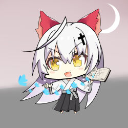  1girl :d animal apricotlemontea barefoot black_hakama blush_stickers book bug butterfly chibi commentary_request crescent_moon fang full_body grey_hair hair_between_eyes hakama hakama_skirt highres holding holding_book japanese_clothes kimono long_hair long_sleeves moon open_book original pointing ribbon-trimmed_sleeves ribbon_trim skirt smile solo very_long_hair white_kimono wide_sleeves yellow_eyes 
