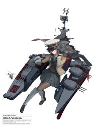  1girl absurdres antennae black_boots black_coat black_hair black_pantyhose black_sailor_collar black_serafuku black_shirt black_skirt boots cannon cardigan check_copyright coat coat_on_shoulders commission copyright_request from_above full_body glasses grey_cardigan grin hat highres kamov_ka-27 looking_at_viewer original pantyhose peaked_cap pleated_skirt red_eyes ryan_greythorn sailor_collar school_uniform serafuku shirt short_hair shoulder_boards simple_background skirt smile solo white_background 