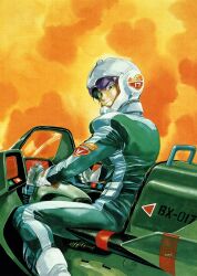  1boy absurdres artist_name black_hair bodysuit closed_mouth foot_out_of_frame from_behind helmet highres looking_at_viewer male_focus missile motor_vehicle motorcycle non-web_source official_art orange_background scan self-scan seno_hire signature solo space venus_senki yasuhiko_yoshikazu 