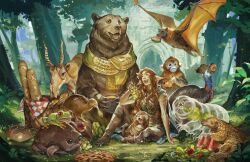  1girl animal animal_request baguette bat_(animal) bear bird bread brown_hair closed_eyes commentary dungeons_&amp;_dragons elf english_commentary food frog fruit grapes highres holding holding_food jessica_fong knee_up lime_(fruit) lime_slice long_hair monkey official_art open_mouth otter pangolin picnic pie pointy_ears scarf sitting smile solo watermelon watermelon_slice 