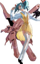  1girl absurdres alpha_azieru beam_cannon char's_counterattack commentary_request dress exposed_internal_machinery green_hair gundam hair_ribbon highres mecha mobile_armor mobile_suit neo_zeon quess_paraya realistic red_ribbon ribbon robot science_fiction socks twintails user_gckk2542 white_background white_socks zero_gravity 