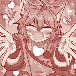  1boy ahoge animal_ears closed_eyes double-parted_bangs fang fox_boy fox_ears fox_tail hair_ornament hands_up highres indie_virtual_youtuber jacket messy_hair open_clothes open_jacket open_mouth overalls panky_(vtuber) solo tail trap virtual_youtuber 