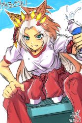  1boy 1girl ahoge anger_vein animal_ears blue_eyes bottle clenched_teeth clothes_around_waist colored_bangs commentary_request ear_covers funaya_sakichi highres holding holding_bottle horse_ears horse_girl jacket jacket_around_waist long_hair multicolored_hair open_mouth orange_hair orfevre_(umamusume) pants photoshop_(medium) red_jacket red_pants shirt short_sleeves single_ear_cover sitting solo sweat teeth tracen_training_uniform track_jacket track_pants two-tone_hair umamusume white_hair white_shirt 