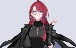 1girl ange_katrina ange_katrina_(9th_costume) asymmetrical_bangs black_coat black_shirt braid braided_bangs breasts coat coat_on_shoulders collared_shirt commentary eyewear_strap glasses gohan_(gohanchang) gold_necklace grey_background hand_on_own_elbow hand_up highres jewelry lapel_pin lapels long_hair looking_at_viewer necklace nijisanji notched_lapels parted_lips pendant red_hair round_eyewear shirt simple_background single_hair_intake sleeves_past_wrists small_breasts solo straight-on untranslatable_commentary upper_body violet_eyes virtual_youtuber yellow-framed_eyewear 