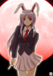  1girl 2000s_(style) animal_ears arm_behind_back bad_id black_jacket black_sky blazer chinese_zodiac closed_mouth collared_shirt commentary_request crescent crescent_pin finger_gun full_moon hana_(hana_mo_arashi_mo) jacket long_hair long_sleeves looking_at_viewer moon necktie pink_skirt pleated_skirt purple_hair rabbit_ears rabbit_girl red_eyes red_moon red_necktie reisen_udongein_inaba shirt sidelocks skirt sky smile touhou very_long_hair white_shirt year_of_the_rabbit 