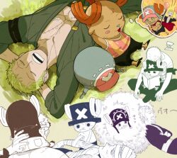  2boys animal_ears antlers arms_behind_head bandaged_arm bandaged_head bandaged_torso bandages blue_nose closed_eyes commentary_request deer_ears dreaming green_hair hat horns indian_style kiyoshita lying male_focus multiple_boys multiple_views on_back one_piece open_mouth reindeer_antlers reindeer_boy roronoa_zoro scar scar_across_eye scar_on_chest scar_on_face short_hair sitting sleeping tony_tony_chopper unworn_hat unworn_headwear 