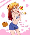  bikini_top cake character_name eating english food fork hair_ornament heart holding holding_fork long_hair neon_genesis_evangelion oku_(okumen) pastry plate red_hair redhead shikinami_asuka_langley shiny shorts smile souryuu_asuka_langley tongue 