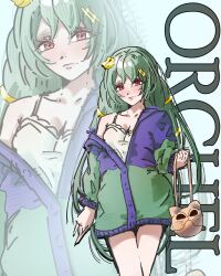  1girl absurdres animal_bag bag blue_hair cat_bag cat_hair_ornament closed_mouth contemporary english_text fire_emblem fire_emblem:_fortune's_weave hair_ornament hairclip handbag highres holding holding_bag hood hoodie long_hair multicolored_hoodie orchel_(fire_emblem) red_eyes single_bare_shoulder we11ewyn 