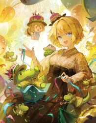  1girl absurdres aerial_fireworks alligator alternate_costume bad_source balloon bee_costume bee_wings birthday black_skirt blonde_hair blue_eyes blue_ribbon bob_cut box breasts cake-shaped_hat crocodilian fireworks gift hakama hakama_skirt hand_up happyongdal highres holding holding_gift hololive hololive_english in_box in_container insect_wings investigator_(watson_amelia) japanese_clothes kimono long_sleeves looking_to_the_side medium_breasts open_mouth ribbon short_hair sitting skirt smile smol_ame streamers virtual_youtuber watson_amelia wide_sleeves wings yellow_kimono 