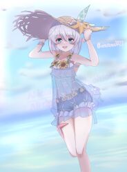  1girl :d absurdres artist_name beach blue_eyes blue_shorts blue_sky clouds cloudy_sky commentary_request denim denim_shorts erasumo3821 flower hat highres honkai_(series) honkai_impact_3rd long_hair looking_at_viewer open_mouth outdoors see-through_clothes shorts sky smile solo starfish summer sun_hat sunflower theresa_apocalypse theresa_apocalypse_(shallow_sunset) white_hair 