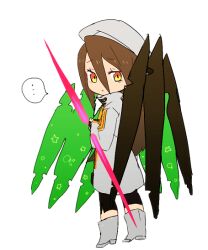  ... 1girl black_leggings boots brown_hair closed_mouth commentary_request deformed full_body hair_between_eyes haruyasai_(sanbunno) hat high_collar leggings long_hair long_hair_between_eyes looking_at_viewer mechanical_wings official_alternate_color sekaiju_no_meikyuu sekaiju_no_meikyuu_3 simple_background solo spoken_ellipsis standing white_background white_boots white_hat wings zodiac_(sekaiju) zodiac_2_(sekaiju) 
